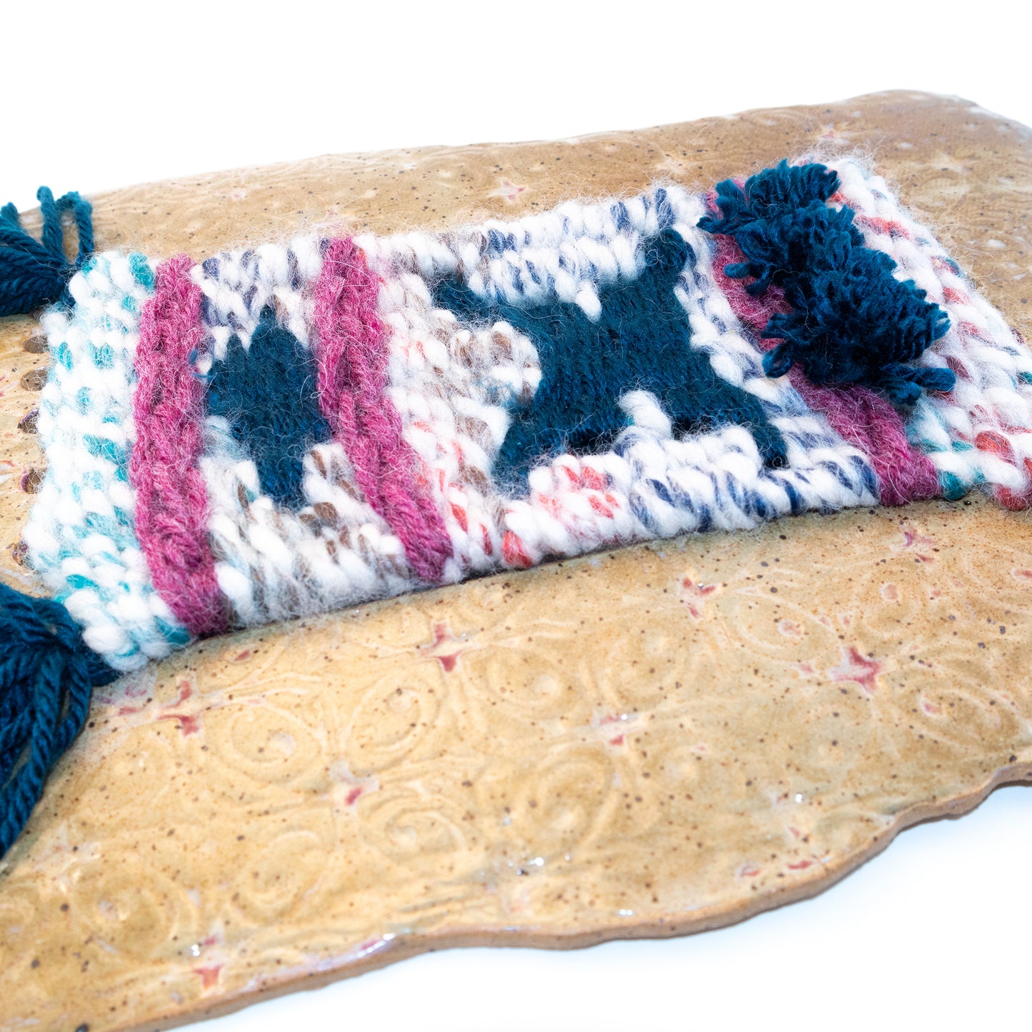 Handmade Ceramic and Woven Wall Hanging, 13" x 8.5"