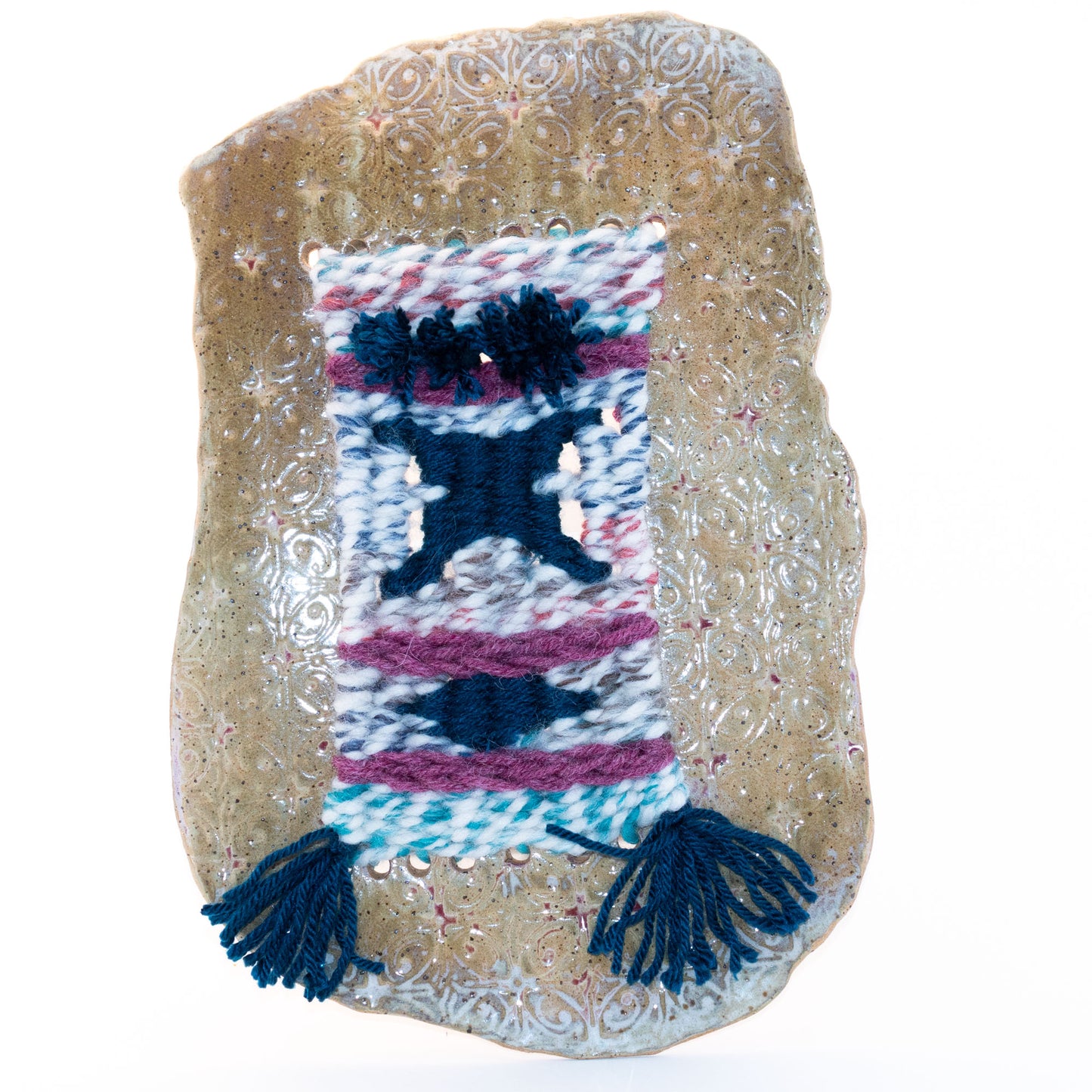 Handmade Ceramic and Woven Wall Hanging, 13" x 8.5"