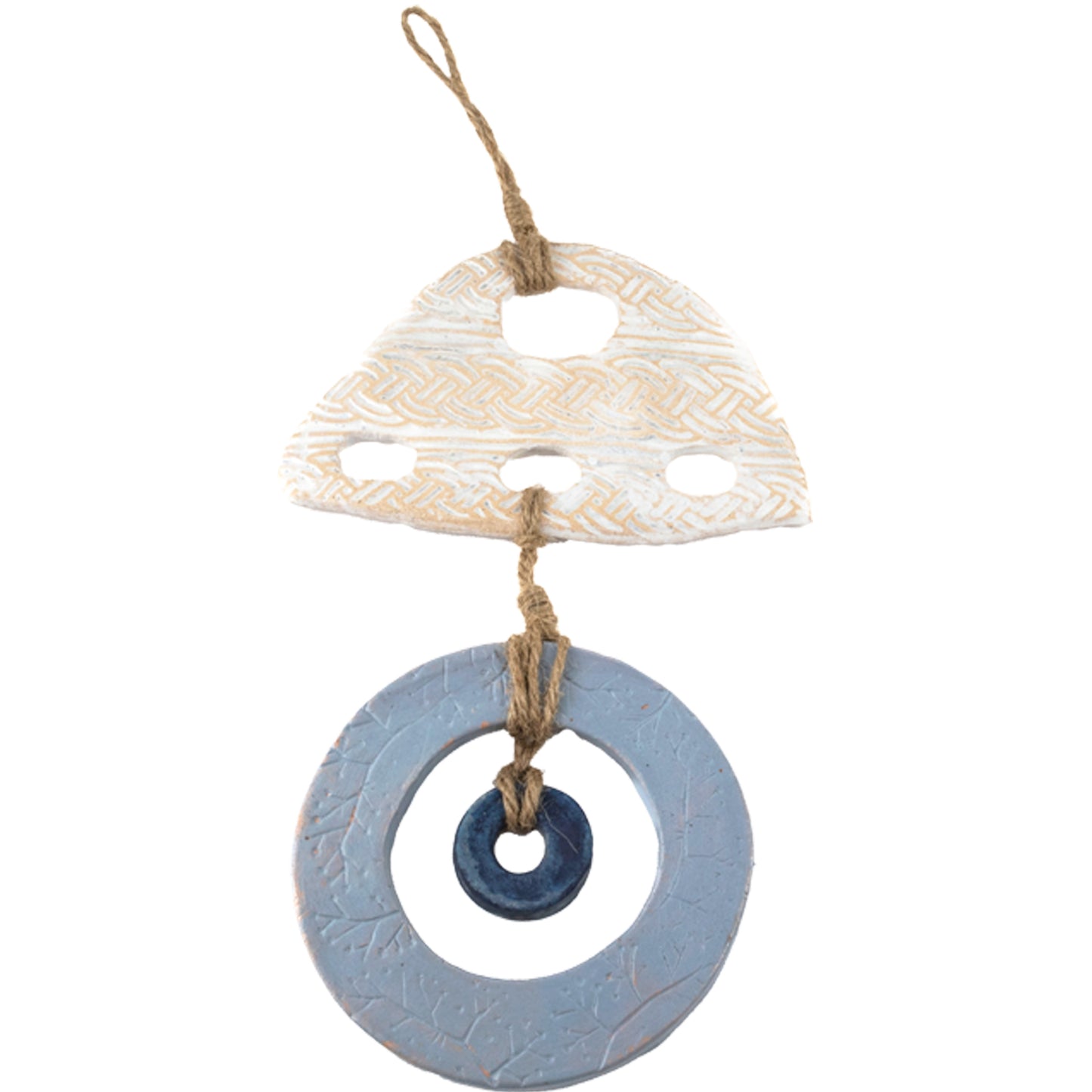 Handcrafted Blue and White Ceramic Wall Hanging - Boho Chic Decor