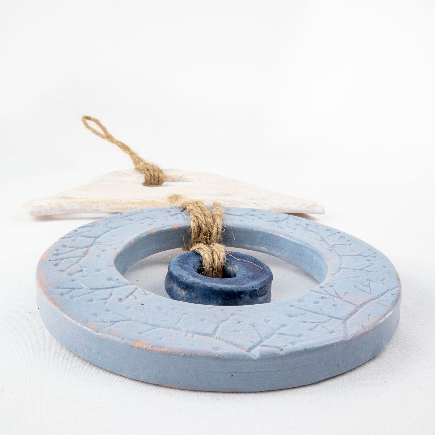 Handcrafted Blue and White Ceramic Wall Hanging - Boho Chic Decor