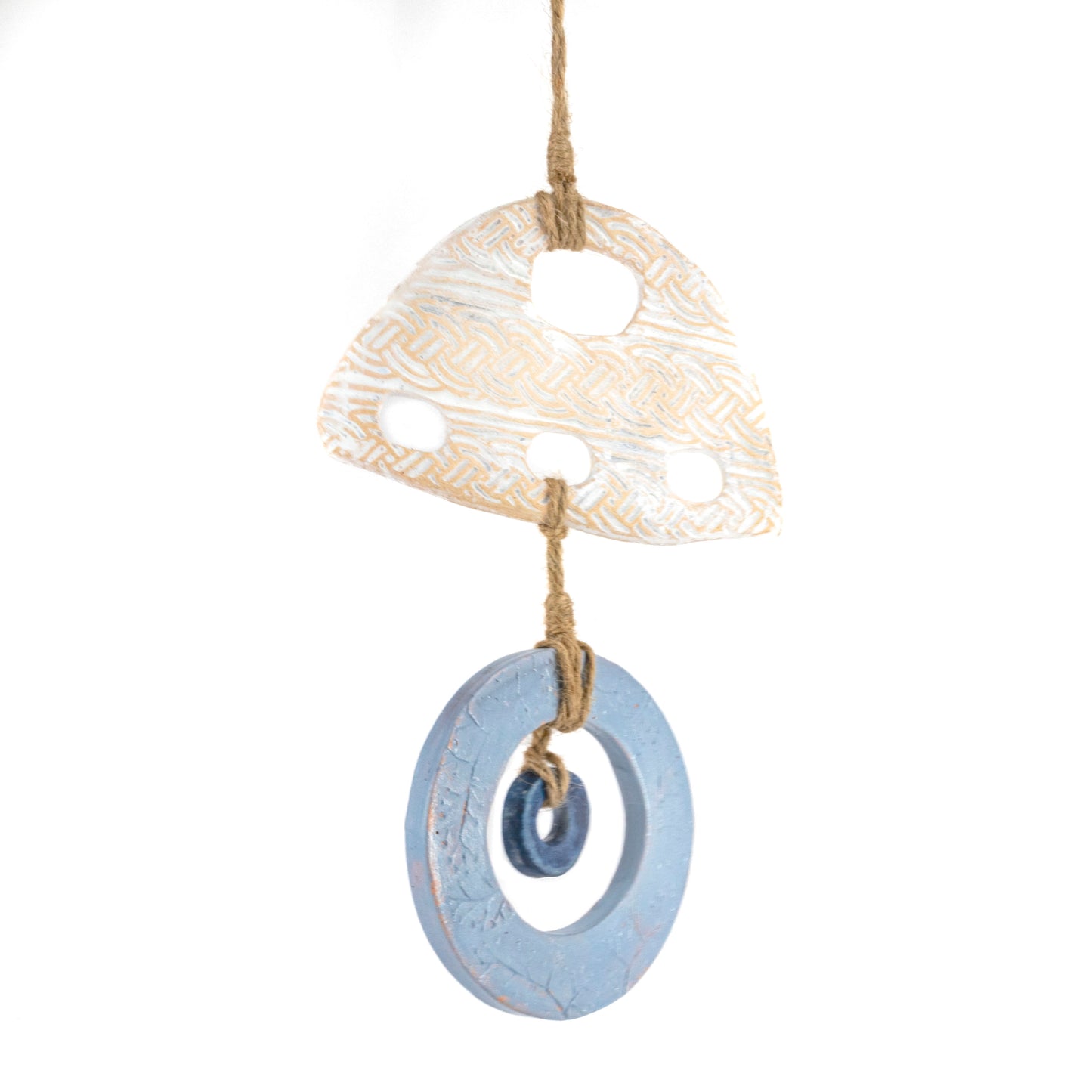 Handcrafted Blue and White Ceramic Wall Hanging - Boho Chic Decor