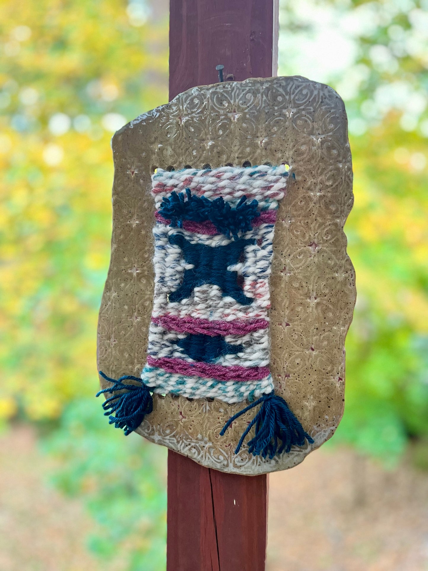Handmade Ceramic and Woven Wall Hanging, 13" x 8.5"