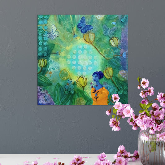 Ethereal Reverie: Enchanting Enchanted Grove with Goddess Fairy and Blooms, 10" x 10" Original Artwork on Board