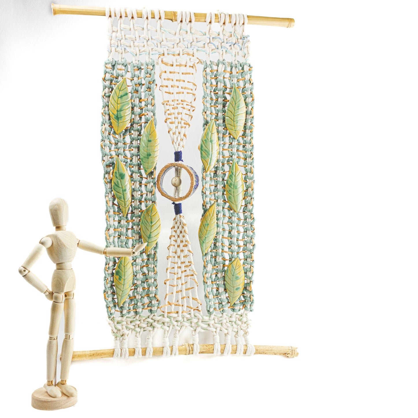 Handmade Macrame Wall Hanging with Ceramic Leaves & Bamboo Rod – Boho Woven Art Decor