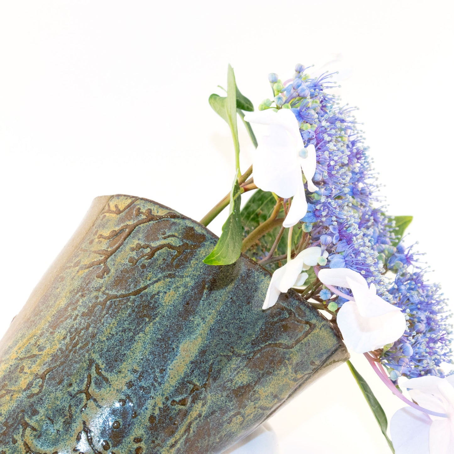 Handmade Olive Green Wall Vase with Lavender and Yellow Highlights – Unique Ceramic Home Decor for Dried Flowers