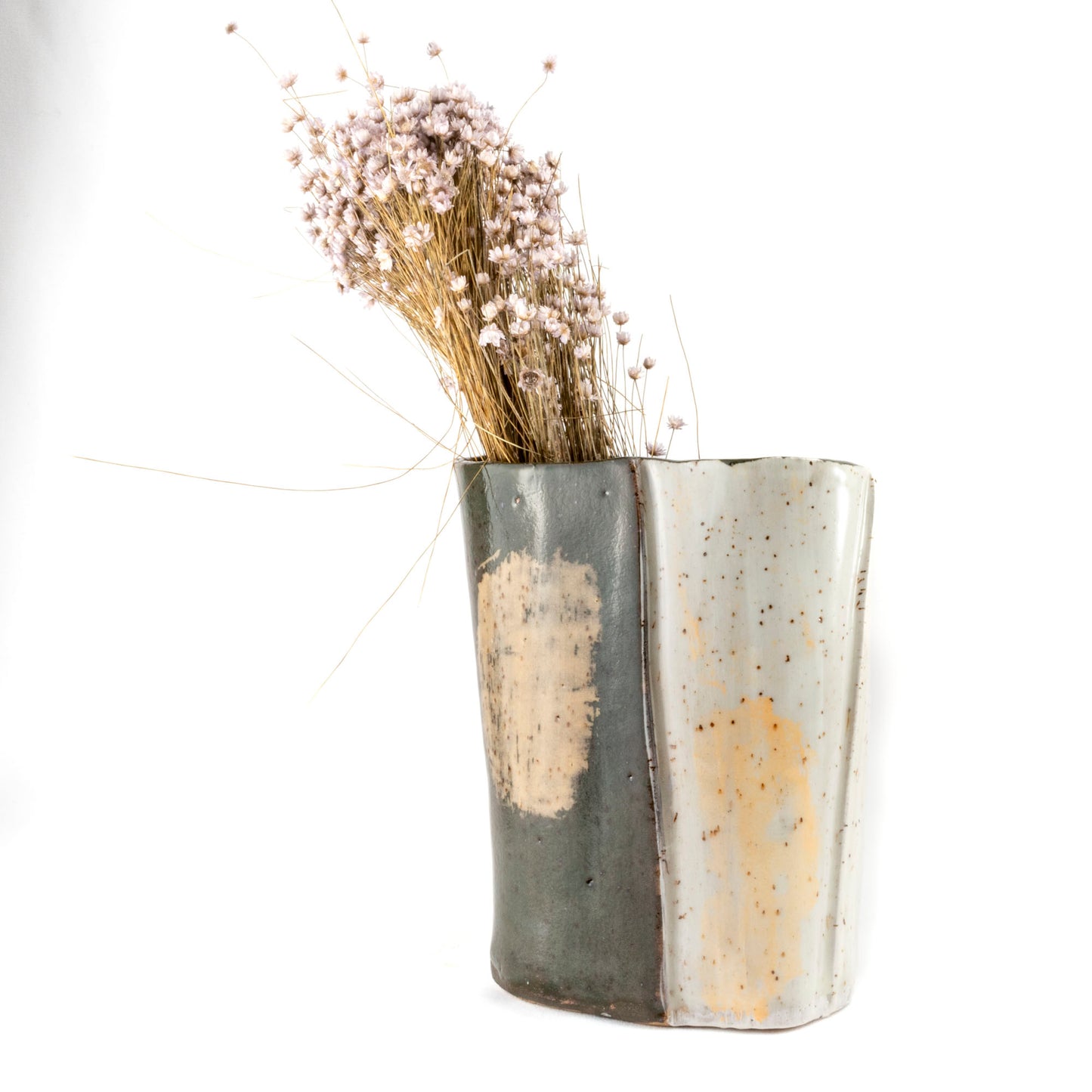 Modern Textured Vase, Charcoal & White with Peach Accents