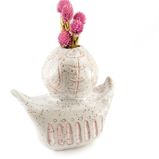 Bohemian Chic Abstract White Ceramic Vase with Flecked Design and Carvings