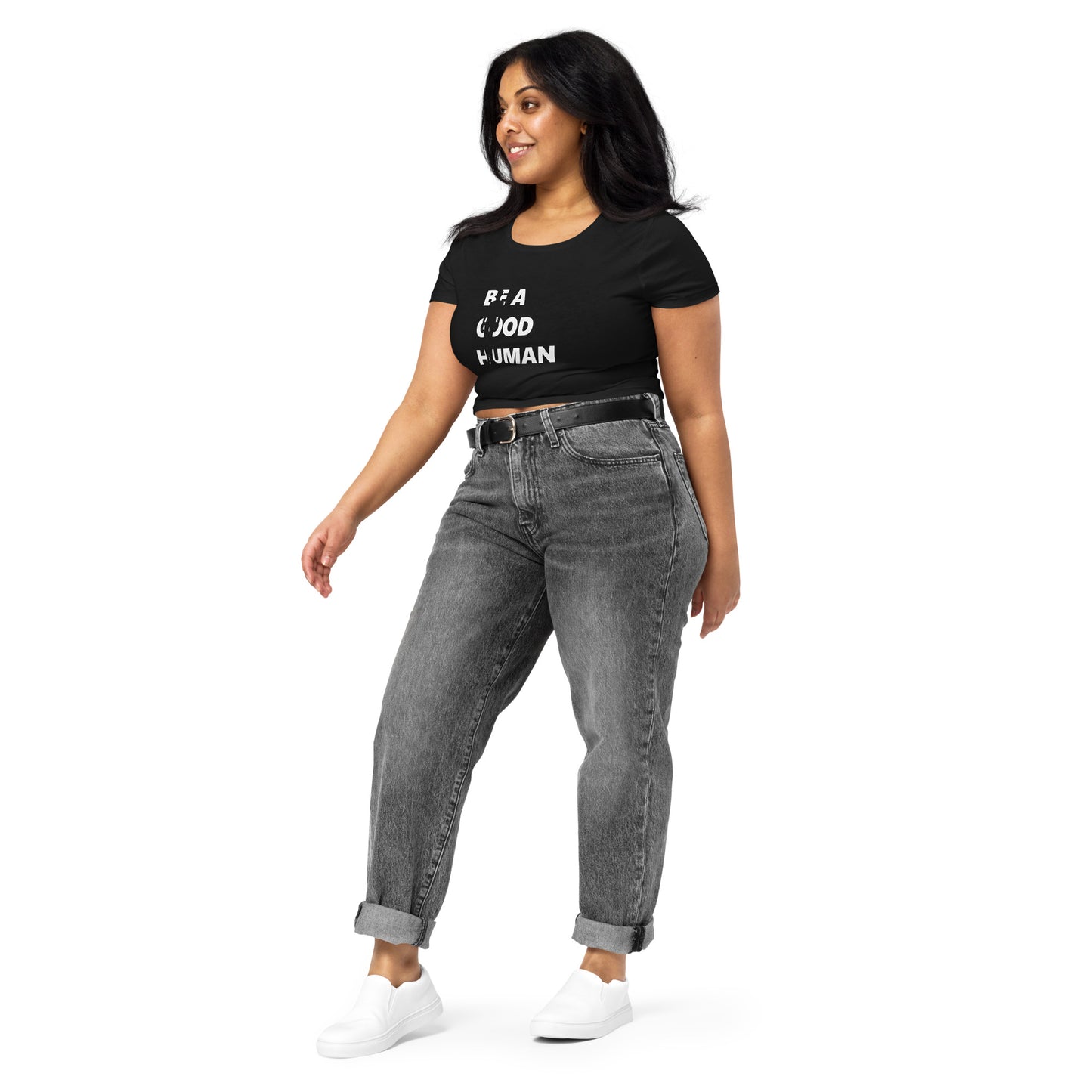 Be a Good Human Women's Cropped Graphic T-Shirt in Black and White