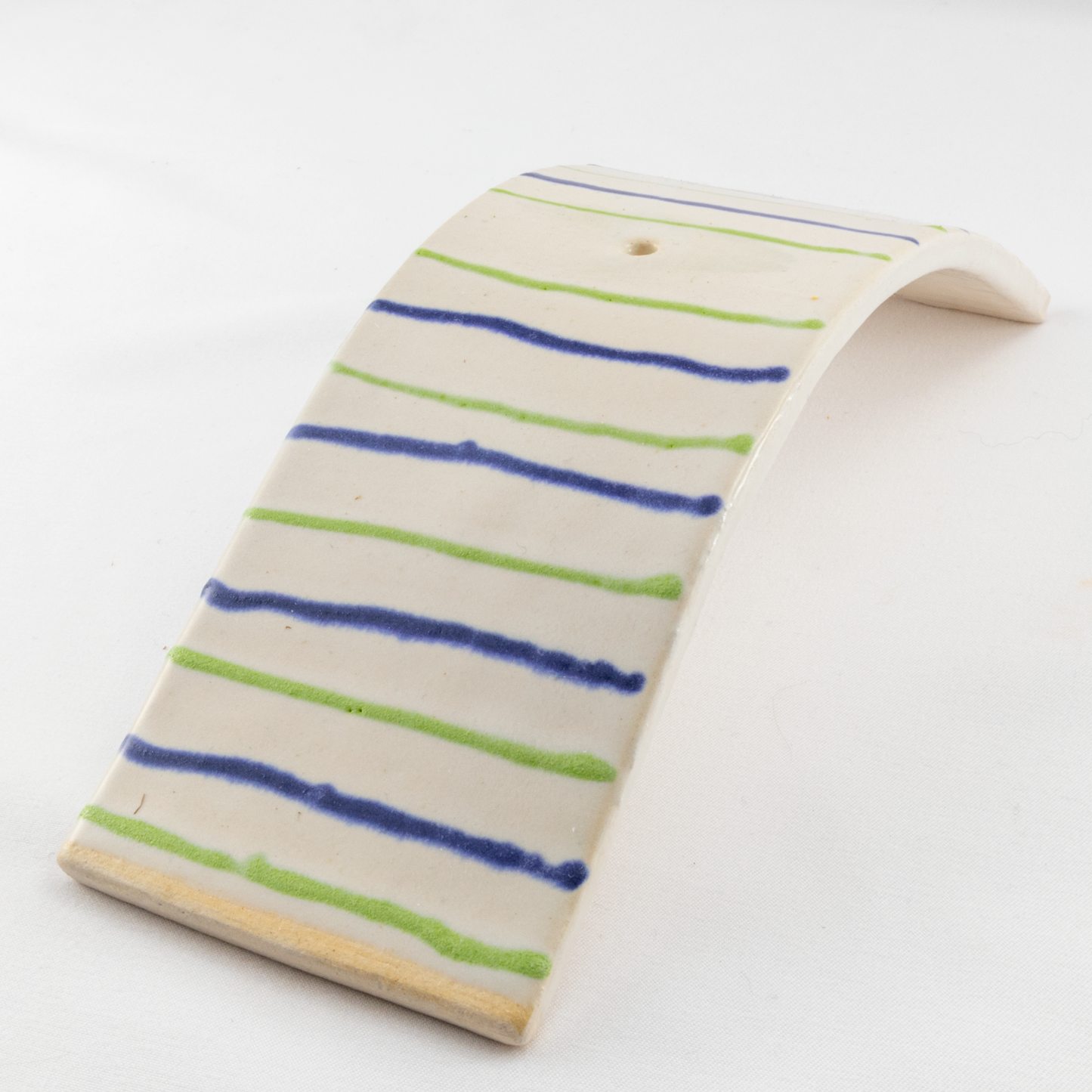 Modern White Ceramic Arched Incense Holder with Blue and Green Stripes