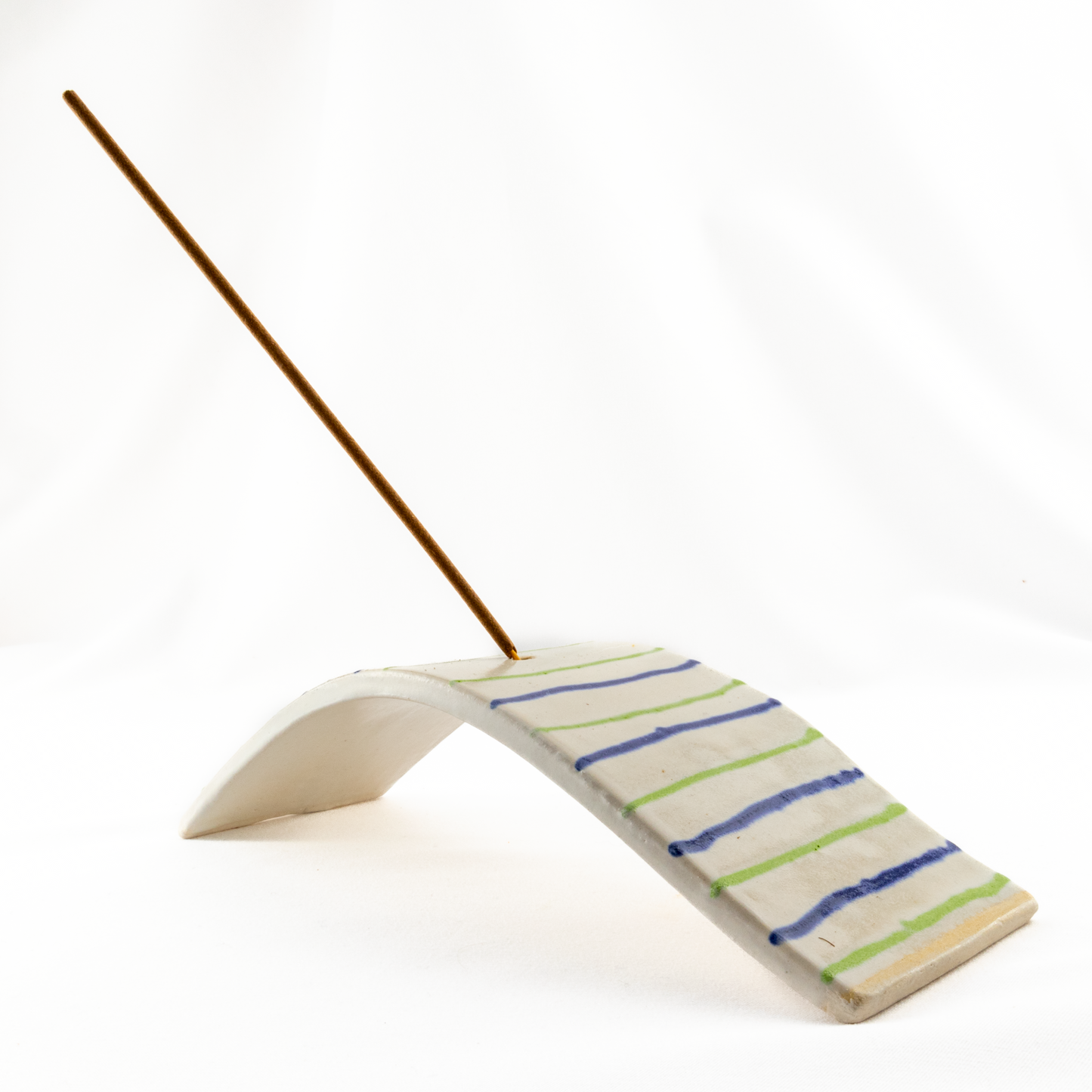 Modern White Ceramic Arched Incense Holder with Blue and Green Stripes