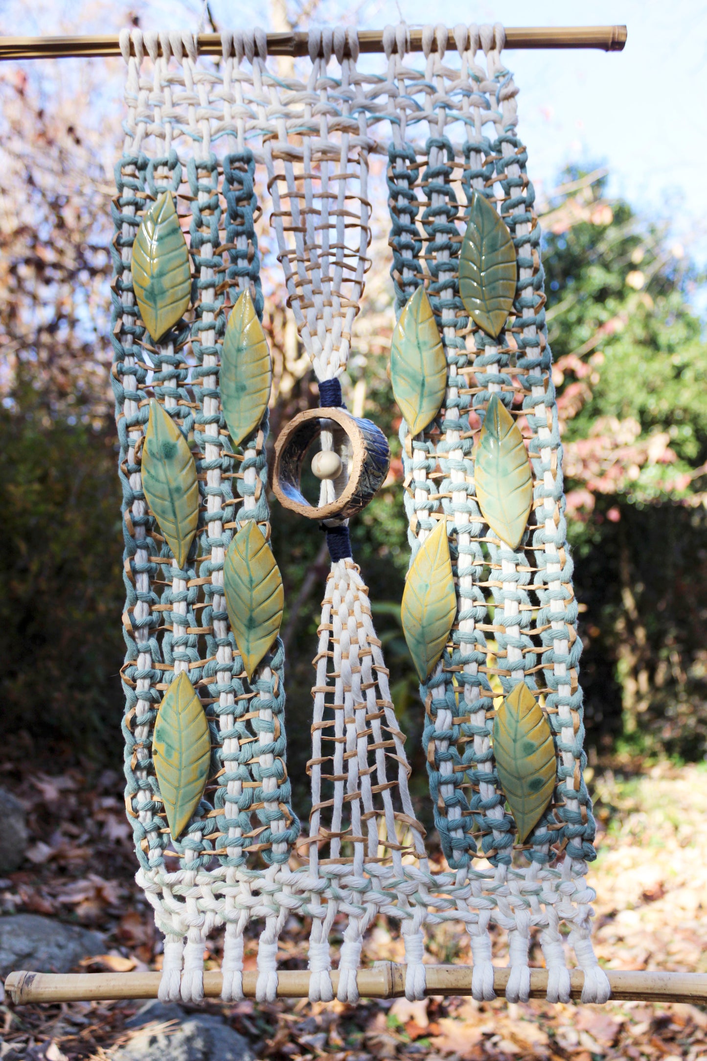 Handmade Macrame Wall Hanging with Ceramic Leaves & Bamboo Rod – Boho Woven Art Decor