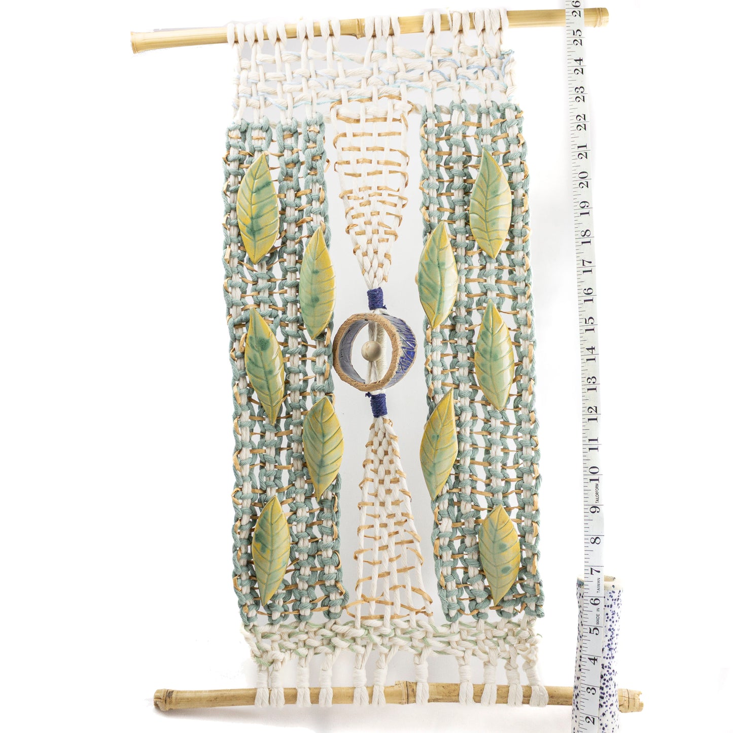 Handmade Macrame Wall Hanging with Ceramic Leaves & Bamboo Rod – Boho Woven Art Decor
