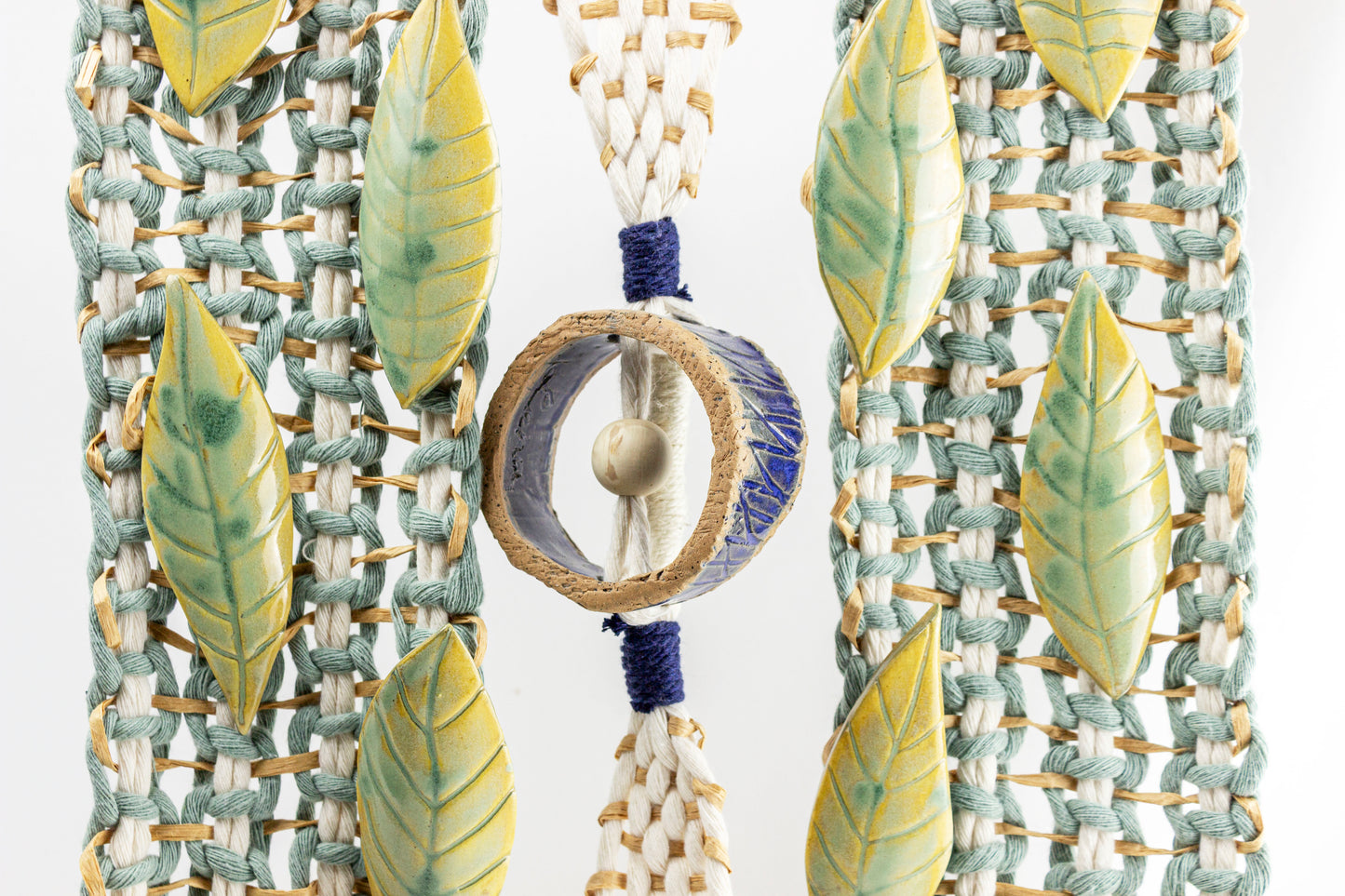 Handmade Macrame Wall Hanging with Ceramic Leaves & Bamboo Rod – Boho Woven Art Decor