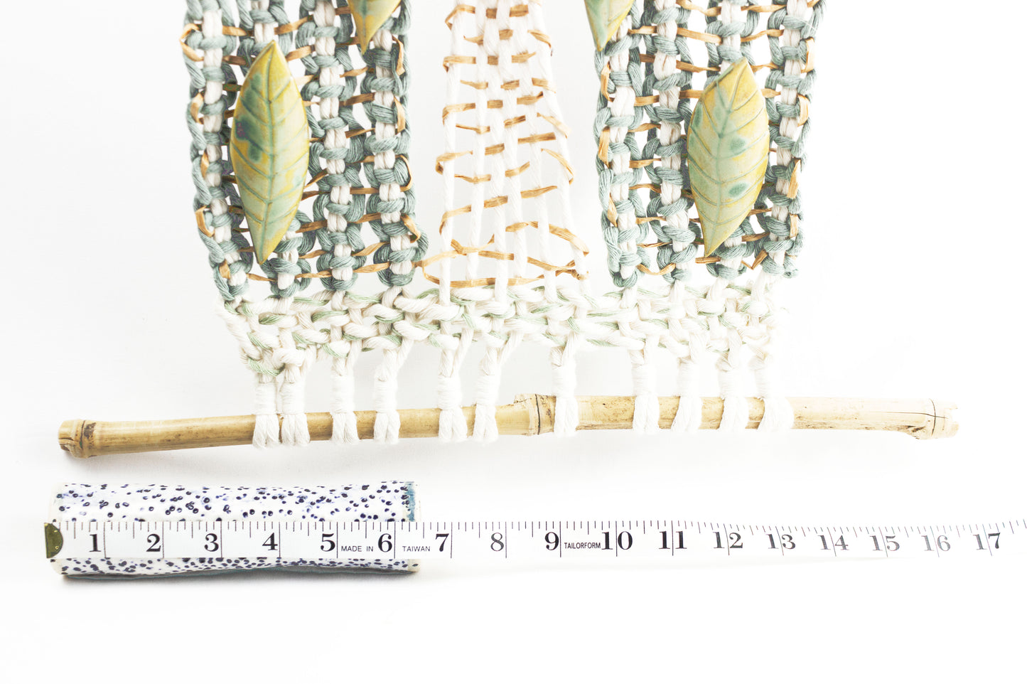 Handmade Macrame Wall Hanging with Ceramic Leaves & Bamboo Rod – Boho Woven Art Decor