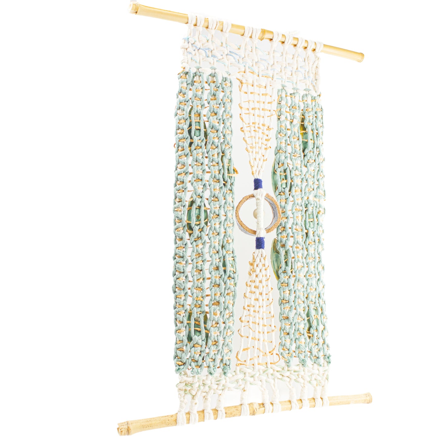 Handmade Macrame Wall Hanging with Ceramic Leaves & Bamboo Rod – Boho Woven Art Decor