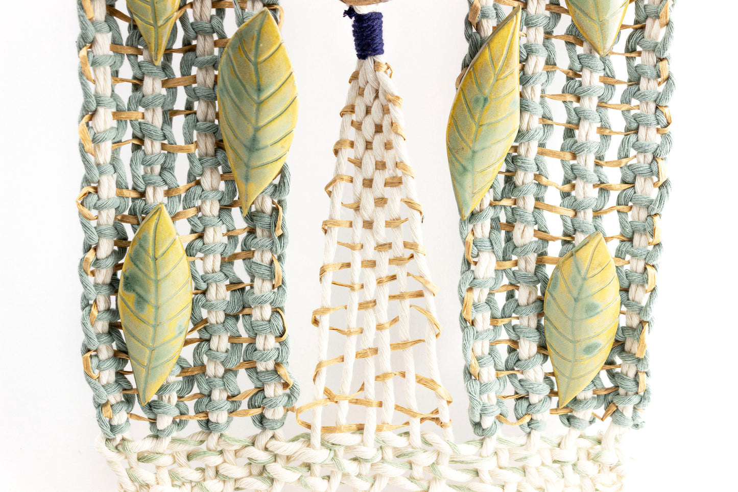 Handmade Macrame Wall Hanging with Ceramic Leaves & Bamboo Rod – Boho Woven Art Decor