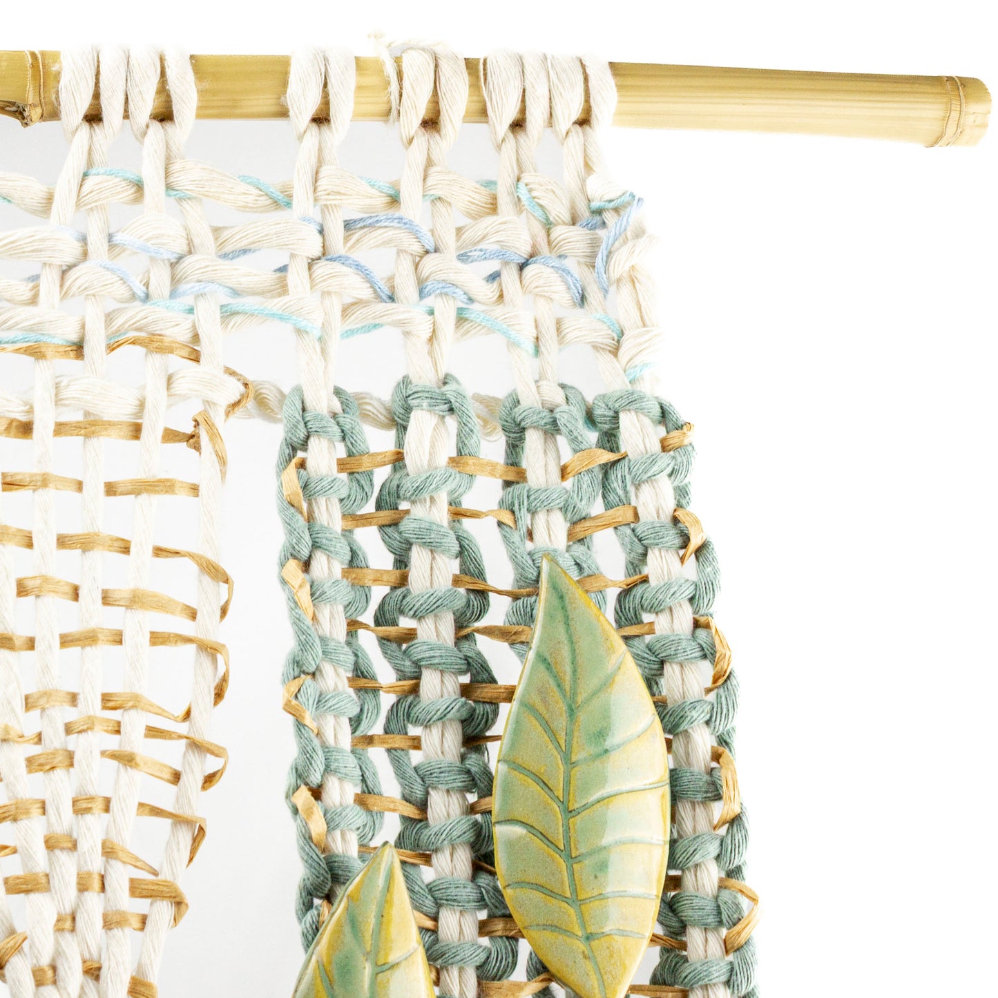 Handmade Macrame Wall Hanging with Ceramic Leaves & Bamboo Rod – Boho Woven Art Decor