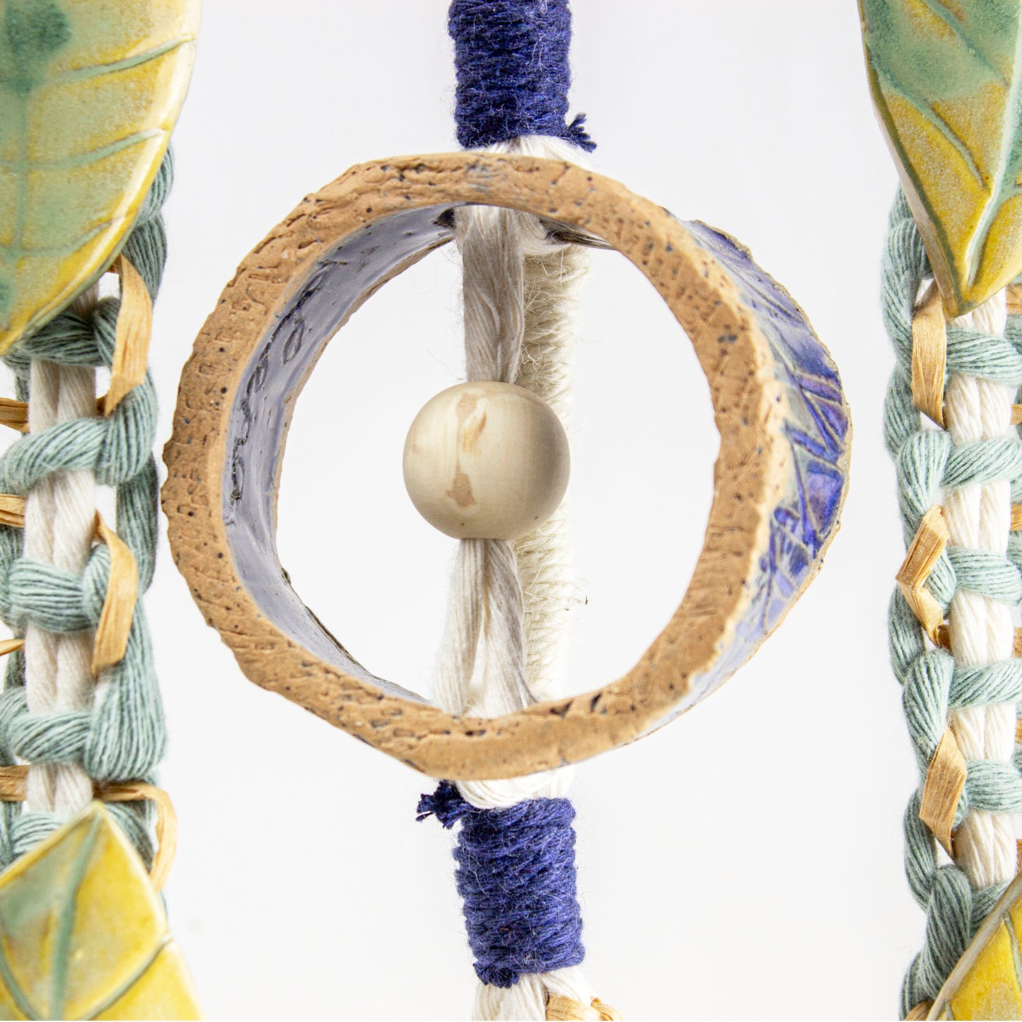 Handmade Macrame Wall Hanging with Ceramic Leaves & Bamboo Rod – Boho Woven Art Decor