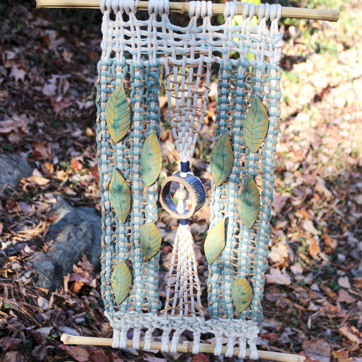 Handmade Macrame Wall Hanging with Ceramic Leaves & Bamboo Rod – Boho Woven Art Decor