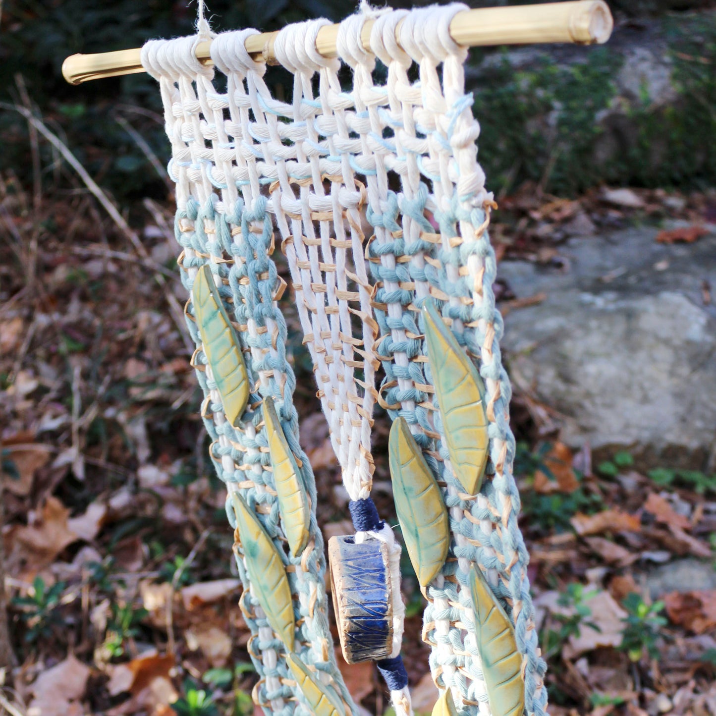 Handmade Macrame Wall Hanging with Ceramic Leaves & Bamboo Rod – Boho Woven Art Decor