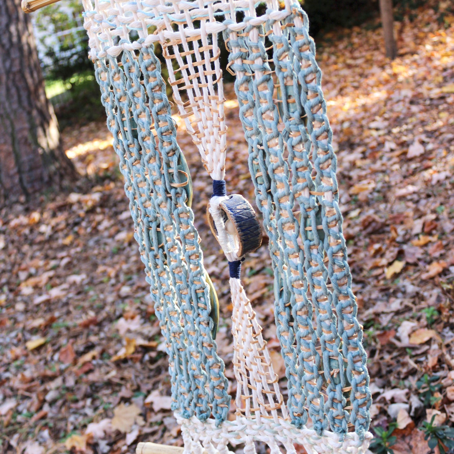 Handmade Macrame Wall Hanging with Ceramic Leaves & Bamboo Rod – Boho Woven Art Decor
