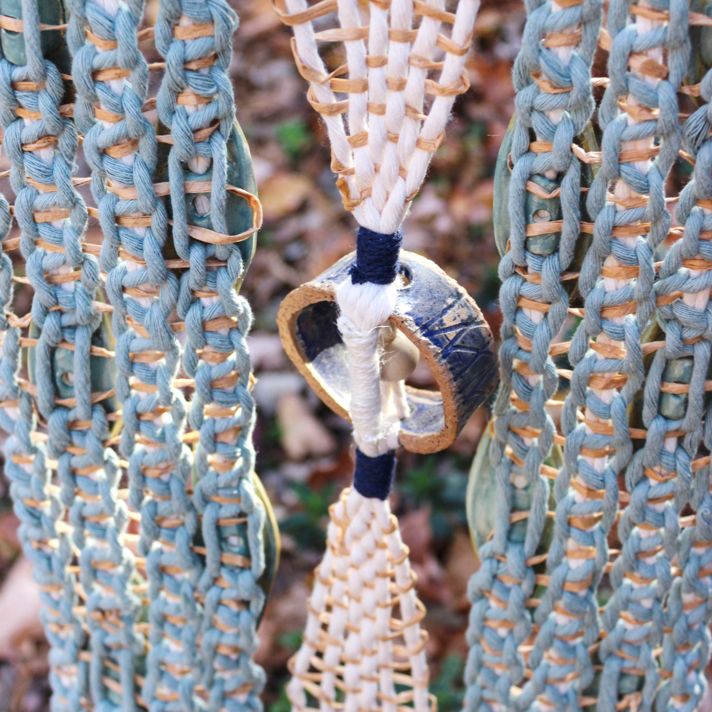 Handmade Macrame Wall Hanging with Ceramic Leaves & Bamboo Rod – Boho Woven Art Decor