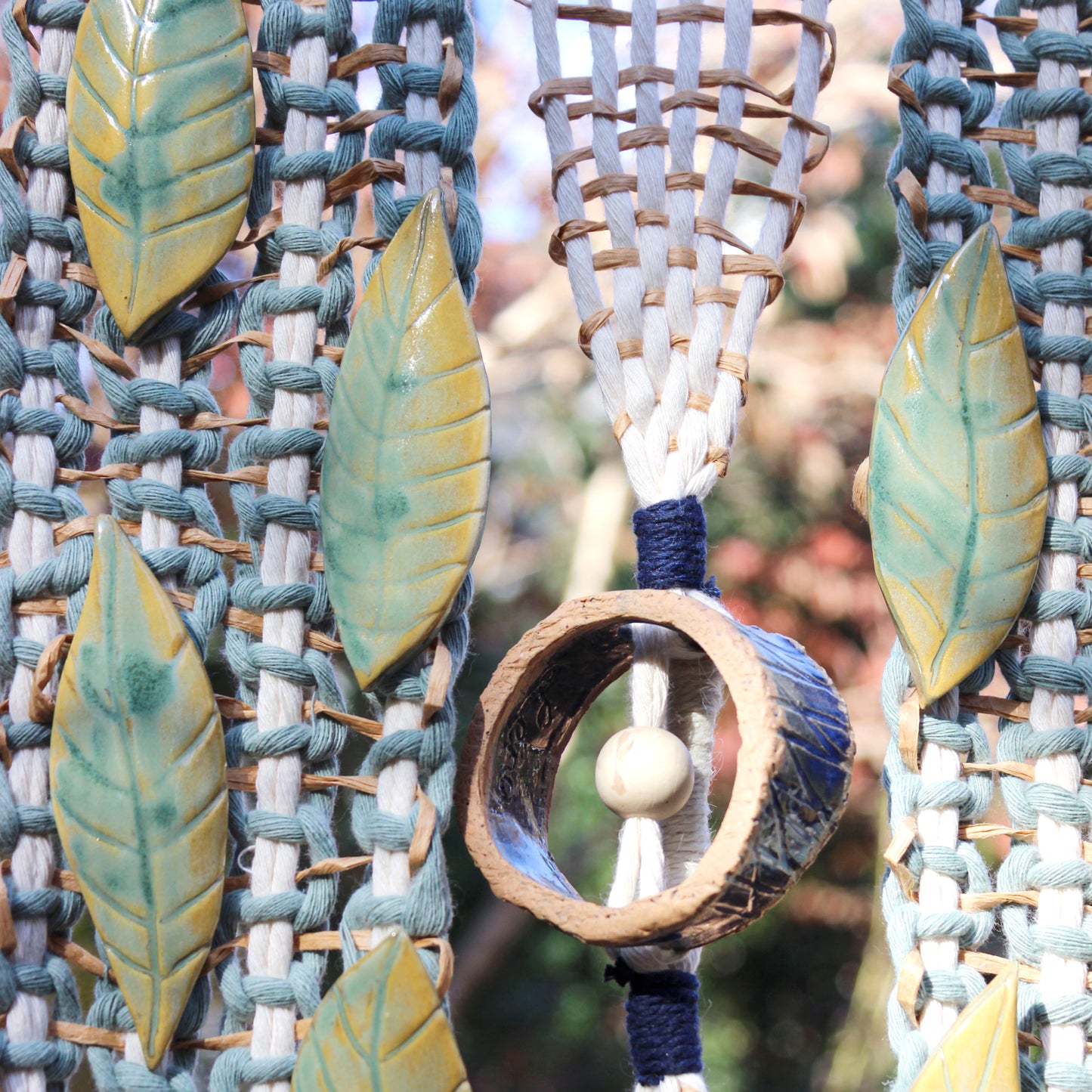 Handmade Macrame Wall Hanging with Ceramic Leaves & Bamboo Rod – Boho Woven Art Decor