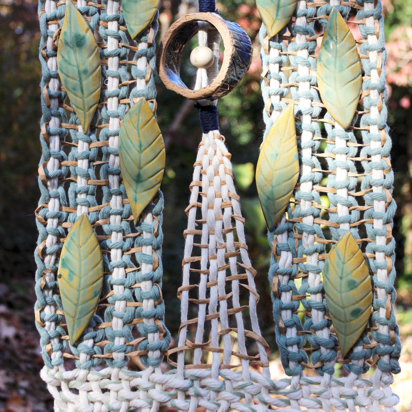 Handmade Macrame Wall Hanging with Ceramic Leaves & Bamboo Rod – Boho Woven Art Decor