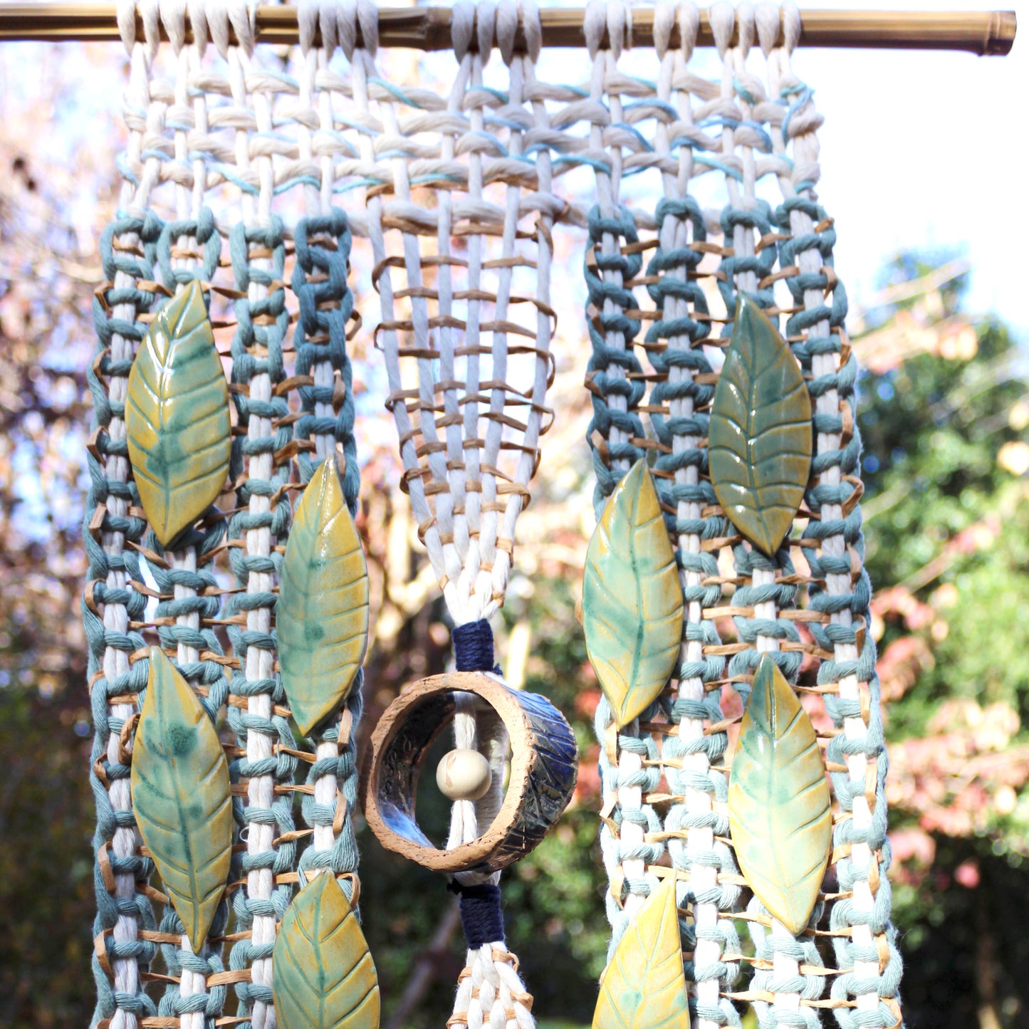Handmade Macrame Wall Hanging with Ceramic Leaves & Bamboo Rod – Boho Woven Art Decor