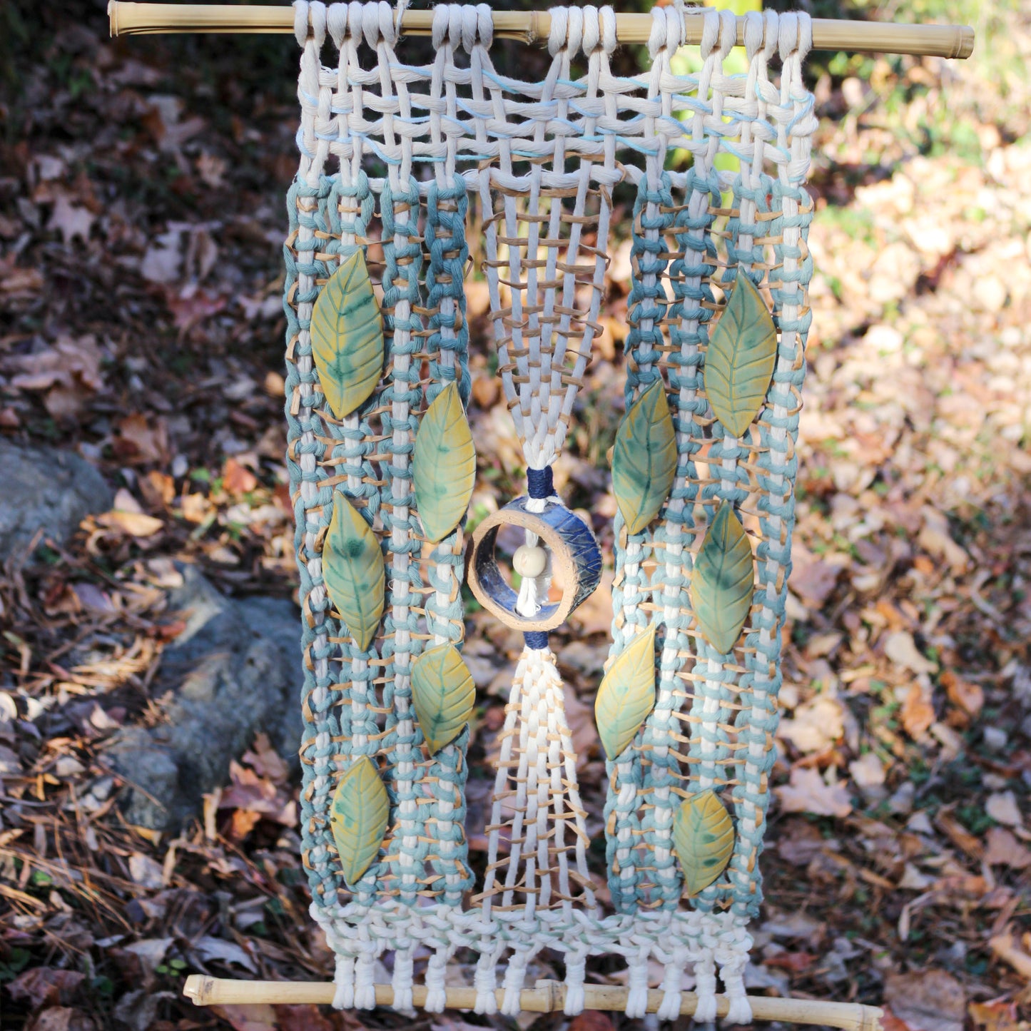 Handmade Macrame Wall Hanging with Ceramic Leaves & Bamboo Rod – Boho Woven Art Decor