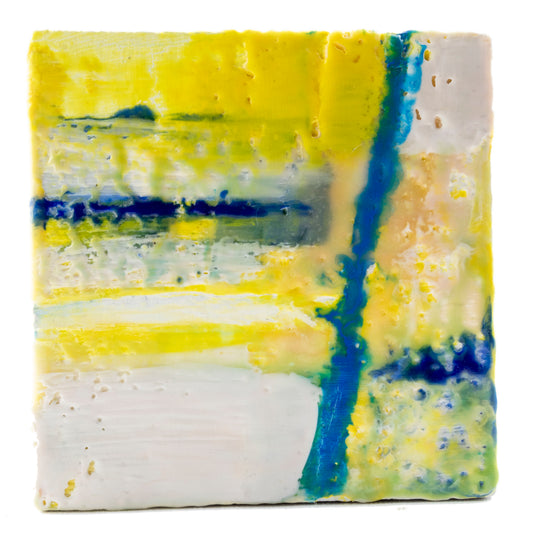 4.5" Abstract Encaustic Painting, Yellow Teal White Blue