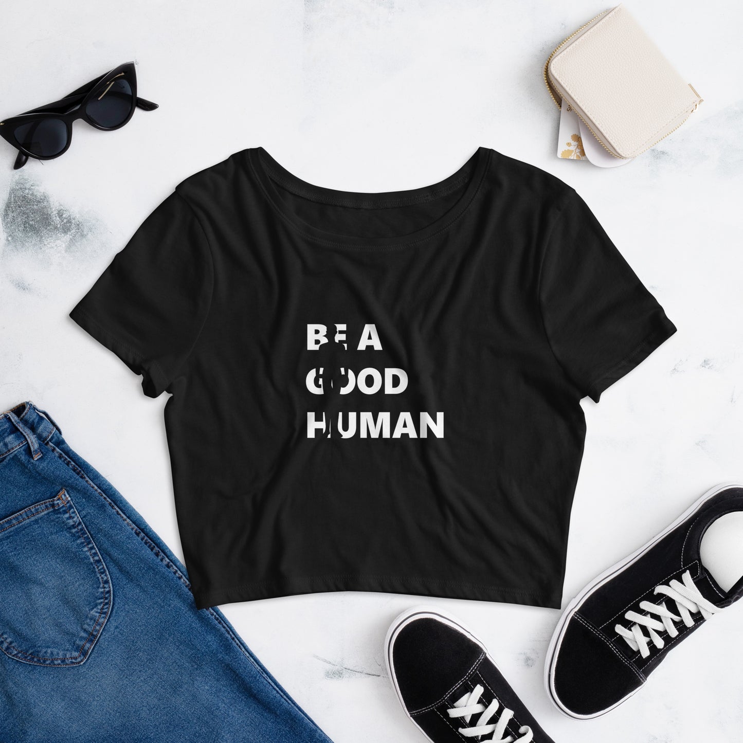 Be a Good Human Women's Cropped Graphic T-Shirt in Black and White